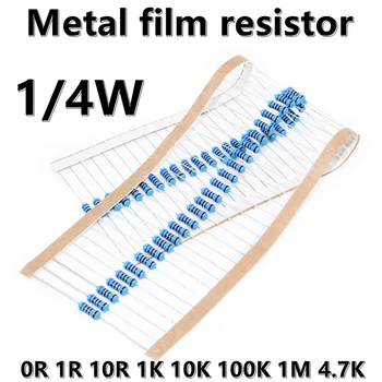 (100pcs) 1/4W de resistores de Filme de Metal de 1% cinco anel de cor resistor de precisão, 0R 1R 10R 1K 10K 100K 1M 4.7 R 47R 4.7 K 5.1 K 51 K