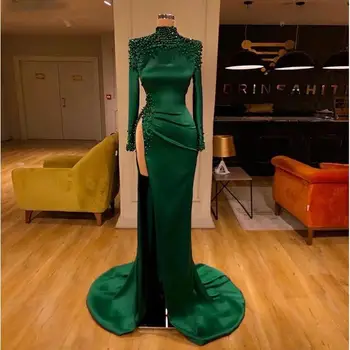 2022 Verde Árabe Vestidos De Noite Com Mangas Longas Divisão Alta Sexy Prom Vestido De Festa Elegante Beading Sereia Formal Vestidos De Dubai