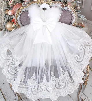 2023 Branco do Vestido da Menina de Flor para a Noiva de Tule de Renda com Grande Arco de Trem desde Bebê da Princesa Vestido de baile Vestido de Festa de Aniversário