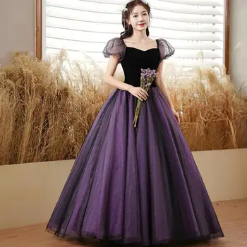 2023 Nova Roxo Vestidos de Quinceanera Laço Ilusão de Mangas Curtas Vestido de Debutantes Querida Tule Andar de comprimento Vestido De 15 Anos
