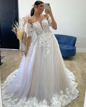 2023 Plus Size País Ivory Lace Floral do Vestido de Casamento de Uma linha de Curto Mangas de Vestidos de Noiva Vestidos de vestido de noiva ZJ037