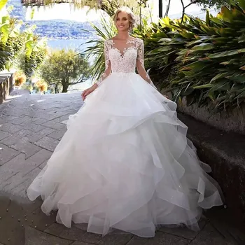 2024 de Luxo sem encosto Appliqué Vestido de Noiva de Renda com Mangas Longas Barco Pescoço Bola Vestido de Babados em Camadas Vestidos de Noiva vestidos de noiva