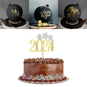 2024 Feliz Ano Novo Bolo Toppers Bolo Lado Decoração de Acrílico Ouro Cupcake Topper Véspera de Ano Novo Partido Bolo Topper