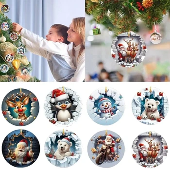 2D Natal do Boneco de neve do Urso Polar, Pinguim Impresso Pingente de Acrílico Redondo Placa de desenhos animados Fada Bonito Pendurar Enfeite de Natal Deocor Novo