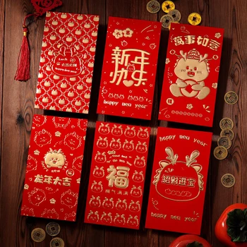6Pcs 2024 Ano do Dragão Chinês, Estilo Red Pacote de Ano Novo Bênção de oferta de Bolsa de Sorte Saco de Dinheiro Cartoon Envelopes Vermelhos
