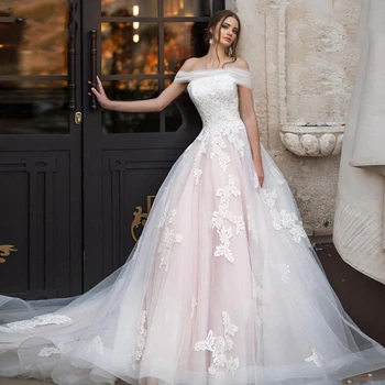 A luz cor-de-Rosa Princesa Vestidos de Noiva Fora Do Ombro Appliqued Lace Vestido de Noiva A Linha de Tulle Vestido de Noiva Boho robe de mariage