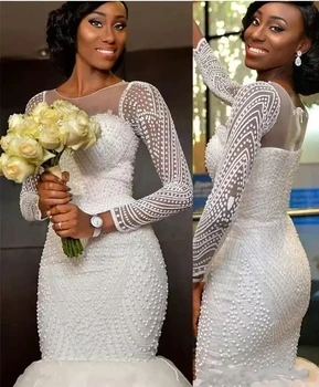 Africana Dubai Pérolas Sereia Vestidos De Casamento, Vestidos De Noiva A Ilusão De Mangas Compridas Jóia Pescoço Vestido De Noiva De Renda Plus Size