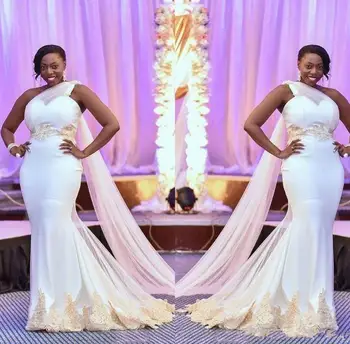 Africana Sereia Vestidos De Noiva De Um Ombro Só Em Cetim Apliques Faixa Ilusão Abrir Back Plus Size Longos Vestidos De Noiva