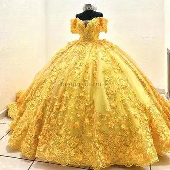 Amarelo Luxo Vestidos De Quinceanera Beading Apliques De Lantejoulas Festa De Aniversário De Bola Vestidos De Baile Vestido De Festa Vestidos De 15 Anos