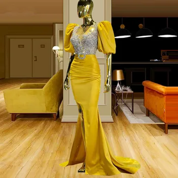 Amarelo Vestidos De Baile, Sereia Metade Mangas Frisada-De-Fenda, Dubai, Arábia Saudita Prom Vestido De Noite Vestidos De Robe De Sarau Haute Couture