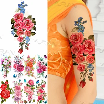 Aquarela Rosa Flor Tatuagens Temporárias Para as Mulheres, Meninas Realista Chave Borboleta Flora Falso Etiqueta da Tatuagem do Braço do Corpo de Tatuagens 3D