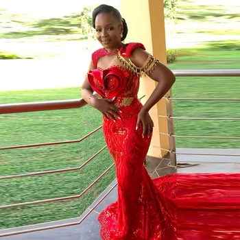 Aso Ebi Sereia Vestidos De Baile Vermelho De Renda Pura Pescoço Longo Mangas De Vestidos De Noite Das Mulheres Africanas Ocasião Formal Vestido De Festa Manto