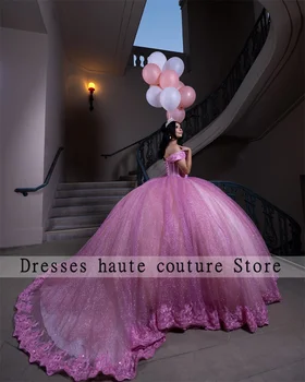 Brilhante Princesa cor-de-Rosa Vestidos de Quinceanera Vestido de baile 2023 Fora Shpulder Apliques de Renda Sweet 16 Vestido de Aniversário de 15 de Vestido de Festa