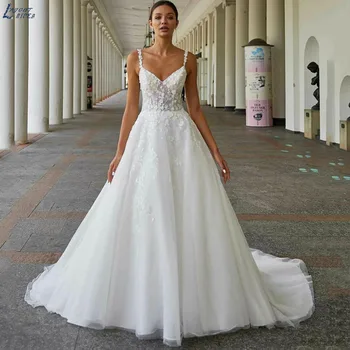 Chaming Uma Linha de Vestido de Noiva Com Namorada 3D Flor de alcinhas Vestidos de Noiva Princesa Vestidos de Noiva vestido de noiva