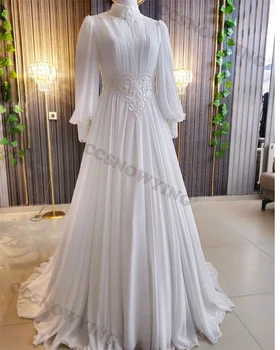 Chiffon Apliques Muçulmano Vestido de Noiva para Noiva Dubai árabe de Manga Longa, com Gola Alta, Vestido de Noiva Hijab Robe De Soirée De Mariage