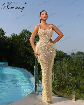Cintas De Espaguete, Pérolas, Vestidos De Noite Moderno Couture Sereia Vestido De Baile Turco Dubai Mulheres Penas Festa De Cocktail Vestidos De 2023
