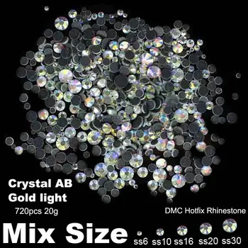 DMC Hotfix Strass Strass Ouro Light Crystal AB Tamanhos Mistos SS6 SS10 SS16 SS20 SS30 720pcs de Ferro No Vidro Diamantes DIY as Unhas