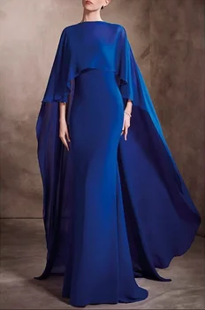 Elegante Longo de Crepe Azul Royal, a Mãe da Noiva Vestidos Com capa de Sereia de Convidados do Casamento Formal Pavimento Comprimento do Vestido de Madrinha