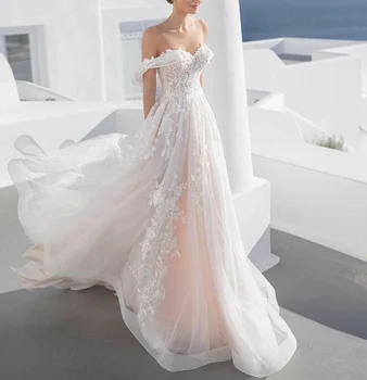 Elegante, Muito Ombro Uma Linha De Vestidos De Noiva Cor-De-Rosa Ilusão De Trás Em Tule Vestes De Mariée Vestido De Noiva Para Mulheres