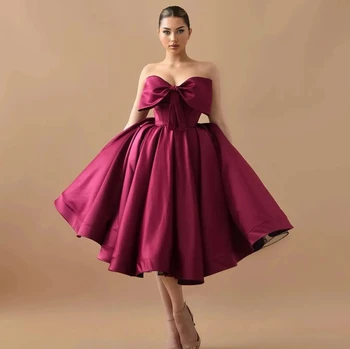 Elegante Vermelho Escuro Curto Vestido De Noite 2024 Arco Nó Pescoço Chá De Comprimento Cetim Baile Formal Vestidos De Vestido De Gala Robe De Sarau