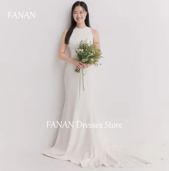 FANAN Coreia do Marfim Colher de Vestidos de Noiva Simples 웨딩드레스 sem Mangas Cetim Seahth Branco Zipado Feitos Vestidos de Noiva Plus Size