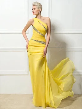 Graciosa Amarelo 3D Chiffon Longo da Noite Vestidos de Baile, Vestidos de Um Ombro-Personalizado Beading Formal Vestidos de Noite Vestidos de Festa