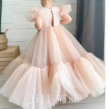Jill Deseja Elegante Champagne Vestido da Menina de Penas Princesa Branca de Dubai Vestido para Crianças de Casamento de Comunhão Partido Quinceanera 2024 J169