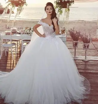 Lace Espumante Vestidos De Noiva Em Camadas De Tule Off Ombro Applique Trem Da Varredura De Casamento Vestidos De Noiva Robe De Mariée