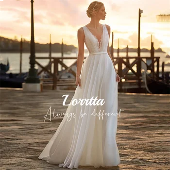 Lorrtta V-Neck Chiffon Vestido de Casamento do Laço Boho Uma Linha de Vestidos de Noiva Apliques de Laço Plissado-Volta Elegantes Vestidos de Festa para Mulheres 2024