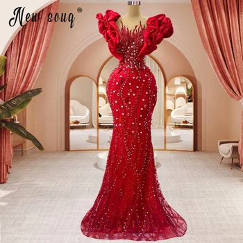 Luxo 2023 Vermelho Longo Vestido de Baile Frisado Sereia Babados Manga Vestidos de Noite árabe Plus Size Vestidos de Celebridade Robe de Mariée