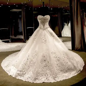 Luxo de Renda Appliqued Personalizado Vestido de Casamento de Trem Catedral Manto Mariage Plus Size Querida Bola Vestidos de Noiva vestido