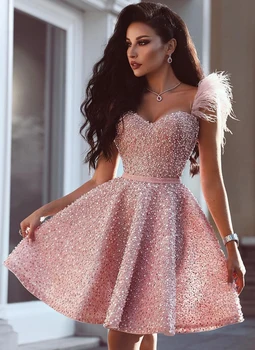 Luxo Rosa Frisado Vestidos De Noite Para As Mulheres 2023 Querida Com Penas Ocasião Formal Coquetel De Casamento Vestidos De Festa De Formatura