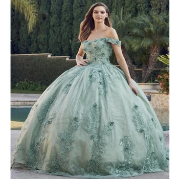 Luxo Verde Menta Vestidos De Quinceanera 2023 Esferas Apliques De Flores Sweet 16 Vestido Vestido De 15 Anos Lace-Up Festa De Formatura