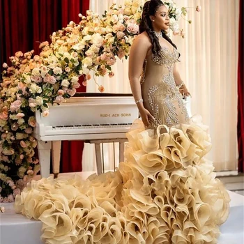 Luxuoso Vestido De Noiva Sereia 2023 Plissado Trem De Alta Pescoço Vestido De Organza Cristal Diamantes Nude De Mangas De Vestidos De Noiva Vestidos Personalizado Feito