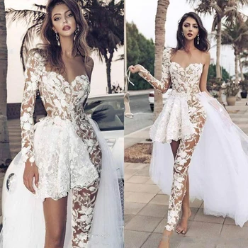 Macacão De Vestidos De Noiva Bainha Querida Longo Mangas De Tule De Renda Dubai Árabe Vestido De Casamento Vestido De Noiva Vestido De Noiva