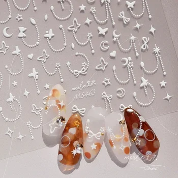 Mini Borboleta Branca Estrela Lua Ponto da Linha de Pérola Flor Zircão 5D Socorro Auto-Adesivo Decoração da Arte do Prego Etiqueta Manicure Decalques
