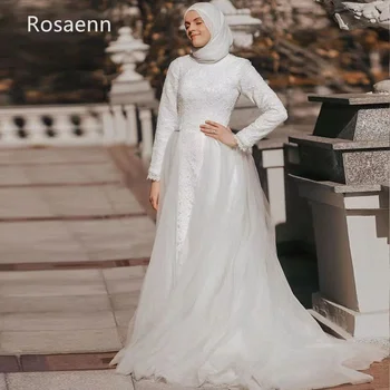 Muçulmano Requintado Uma linha de Vestidos de Noiva Applique Tule Escova Trem de Alta Gola de Andar de Comprimento Vestido de Noiva de Cetim robe de mariée