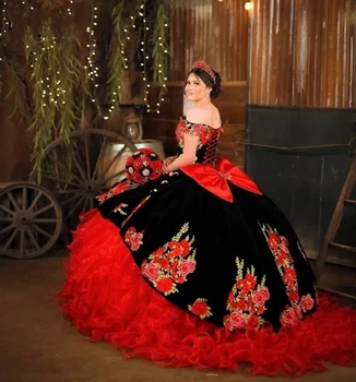 México Estilo de Veludo Vestidos de Quinceanera Floral Laço Off Ombro de Babado em Organza com a Festa de Aniversário de Vestidos de Casamento, vestidos de 15 de quin