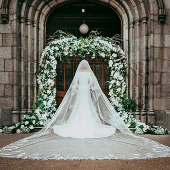 Nova Moda De 5 M de Comprimento Catedral Véus de Noiva com Apliques de Borda Marfim Longo Véu de Noiva Vestido De Noiva Vestido Acessórios