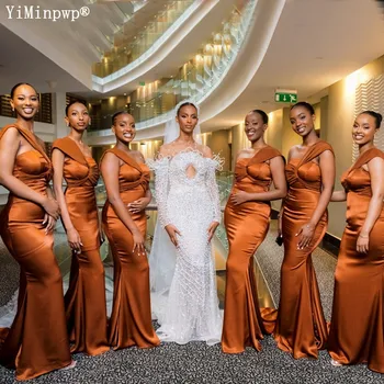 Novo Auburn Sereia Vestidos de Dama de honra De 2023 Um Ombro Seda África Verão de Convidados do Casamento de Vestido de Festa vestido de festa de boda