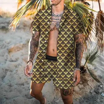 Novos Homens estampa de leopardo Havaiano Conjuntos de 2023 Verão Manga Curta com Botão de Camisa, Calções de Praia Streetwear Casual Terno de Mens 2 Peças