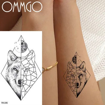 OMMGO Geométricas Lua Cão Lobo Tatuagens Temporárias Para Crianças de Animais Etiqueta da Tatuagem de Diamante Negro de Corpo de Braço Impermeável Falso Tatoos