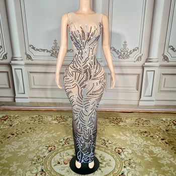 Personalizada Para Nova Renda Transparente Diamante Pérola Lantejoulas Penas Água Diamante De Hip-Wrap Dress Vestido Longo, Vestido De Desempenho