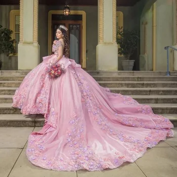 Pink Princess Vestidos de Quinceanera com Mangas compridas 2023 Frisado 3D Floral Lace-up Espartilho vestidos para o xv años