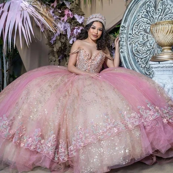 Pink Princess Vestidos De Quinceanera Vestido De Bola Fora Do Ombro Frisado Brilho Sweet 16 Dresses 15 Años Mexicano