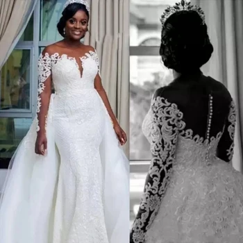 Plus Size Sereia Vestidos de Noiva com Trem Destacável Africano Cheio de Apliques de Renda Manga Longa Casamento na Igreja