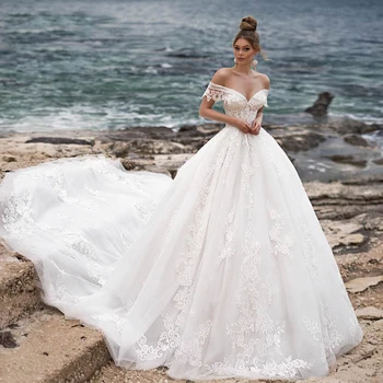Princesa Vestidos de Casamento de Luxo, Mulheres Sexy V-pescoço para Fora do Ombro 2023 Uma Linha Elegante Apliques de Renda de Noiva, Vestidos de Casamento Formal Par
