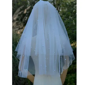 Pérolas do Casamento de Duas Camadas de Véus com Pente de Noiva de Acessórios de Noiva, Véu Mulheres Capacete Curto Véu de Noiva
