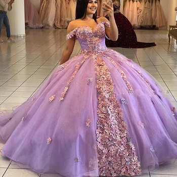Roxo Flores Handmade Vestido Quinceanera 2020 Off Ombro Prom Party para a Menina Graduação Desgaste da Noite