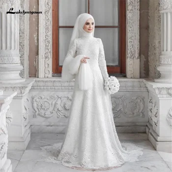 Royal Muçulmano Vestido de Noiva Com Véu de Uma Linha de Mangas compridas Alta Pescoço Vestido de Noiva Apliques de Renda Trem da Varredura em Dubia/árabe